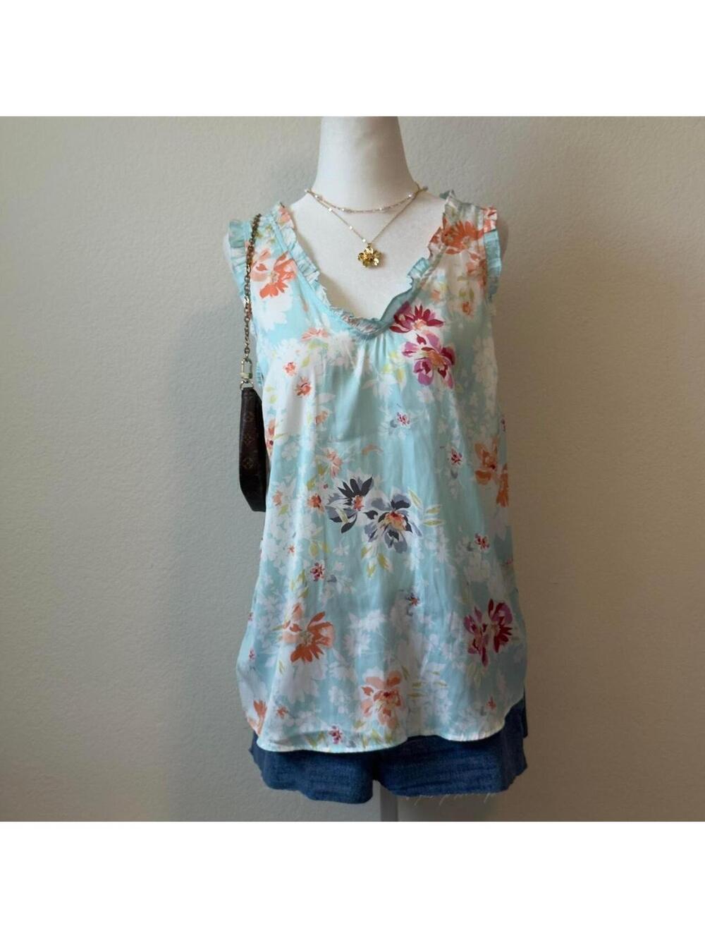y2k blue floral ruffle top with bow in back ΰ©β©β§βΛ